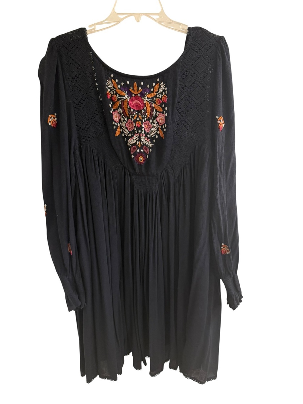Free People Black Embroidered Boho Dress with Pink & Orange Floral Accents